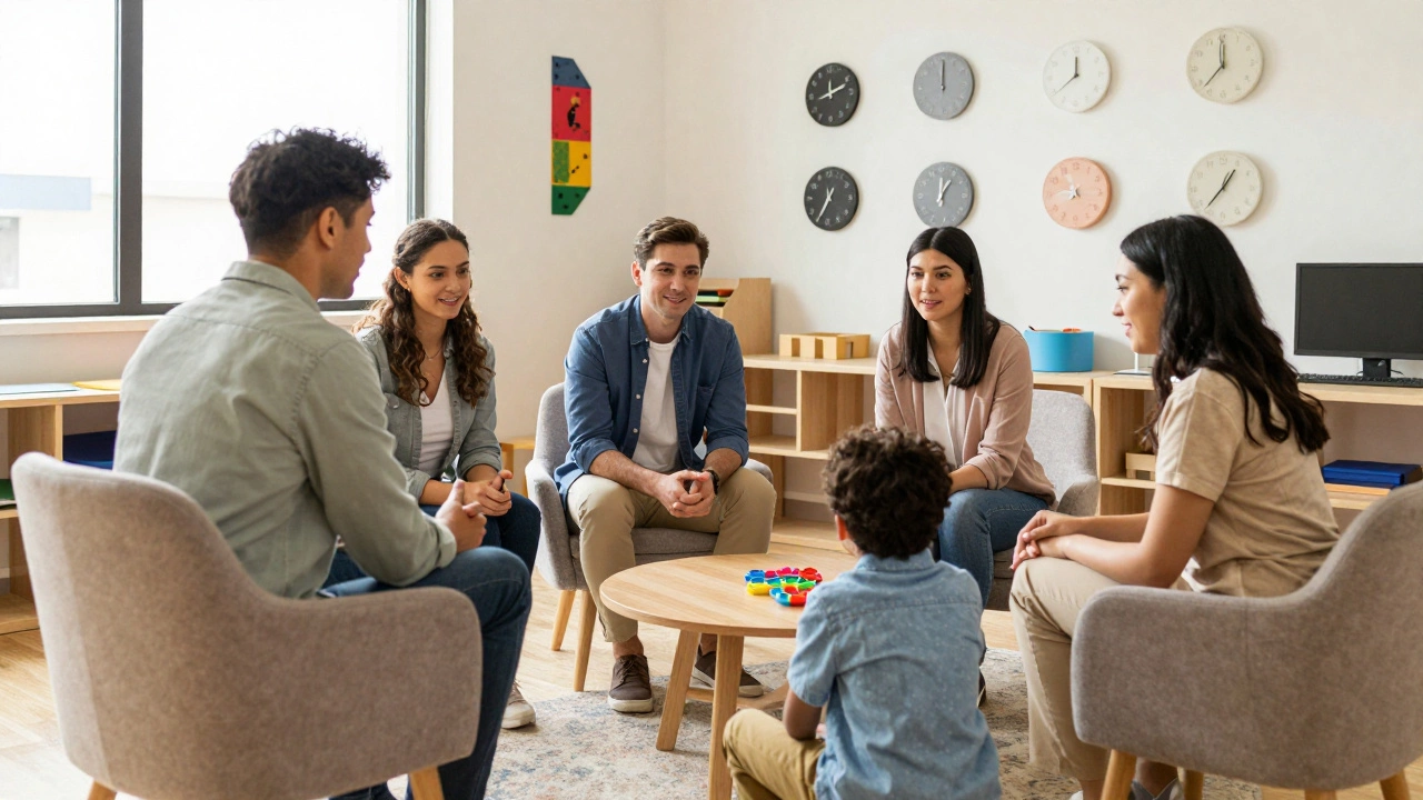 A support team working with a child in a sensory-friendly classroom, warm light and calm environment.