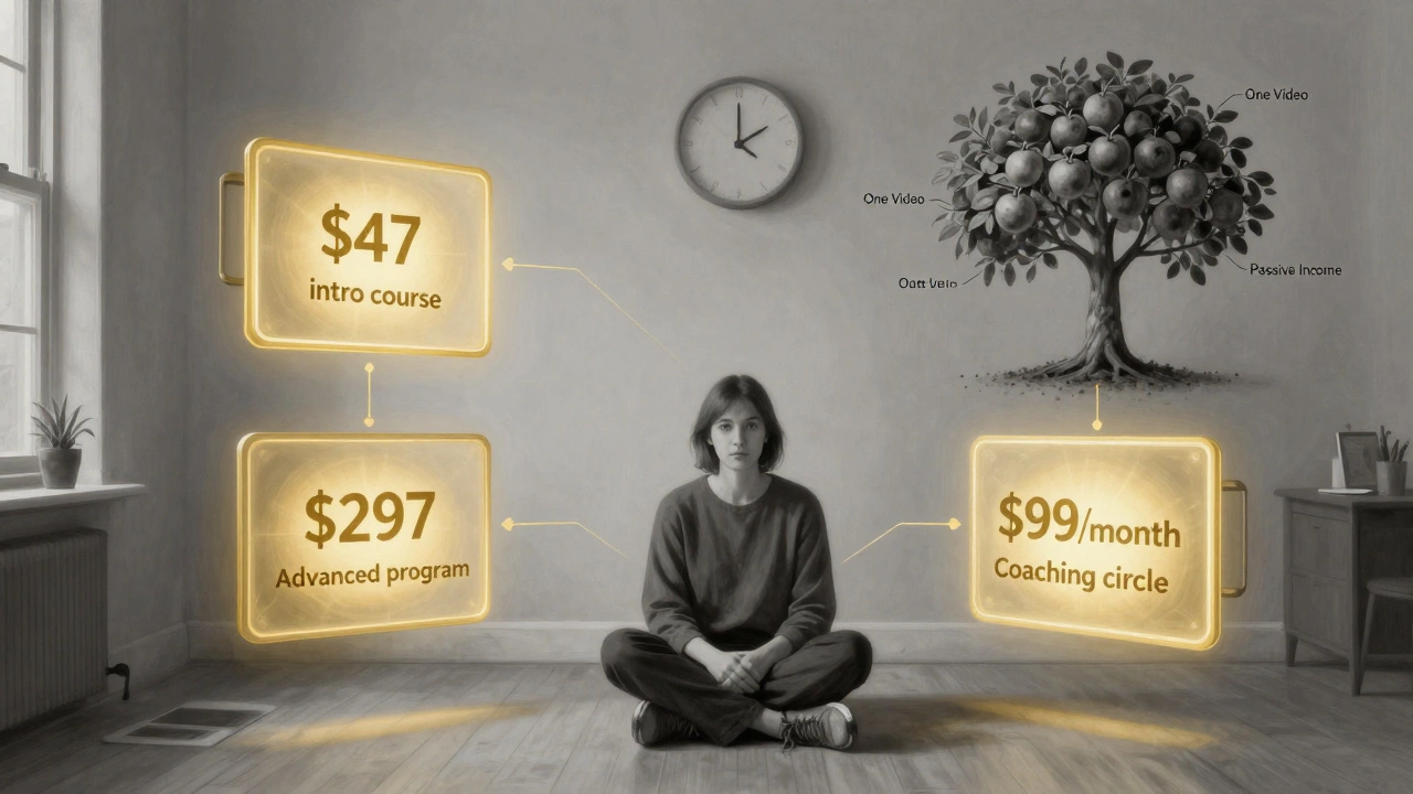 A tutor surrounded by floating course tiers glowing with golden passive income light