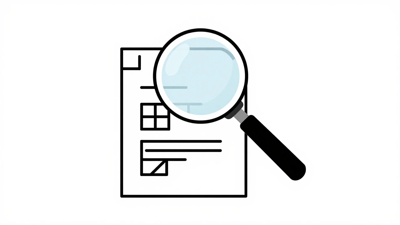 Magnifying glass examining transparency symbols on a document.