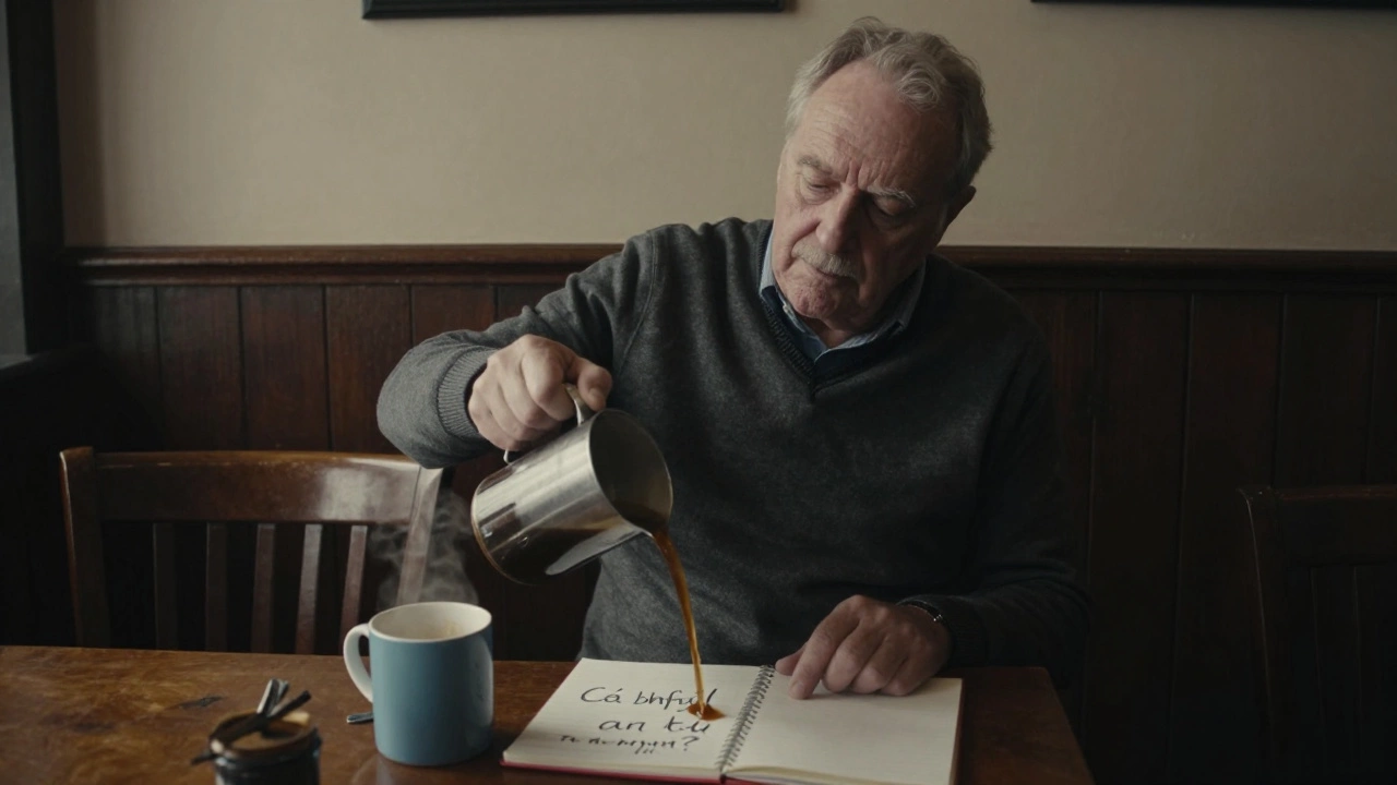 Older man speaking Irish to an empty chair while making coffee.
