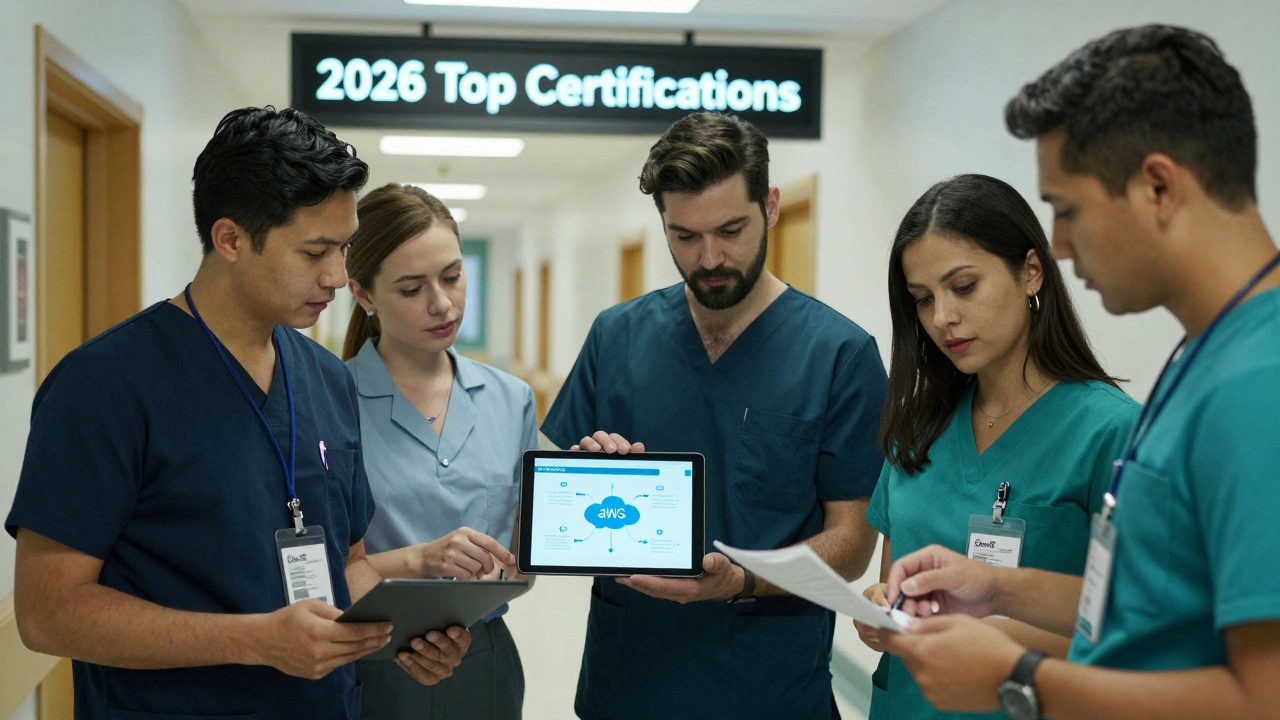 Professionals with top certifications—CRNA, AWS, CPA—working together in a hospital corridor.