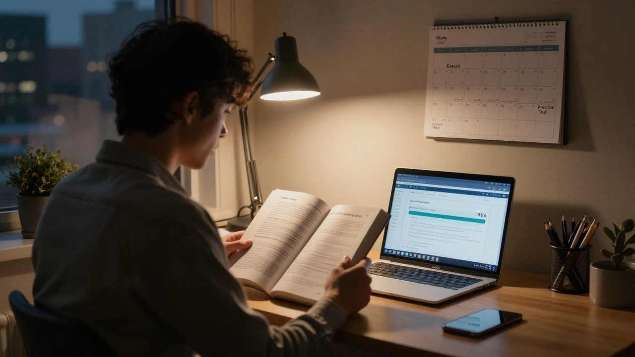 Someone studying late at night for the PMP exam with books and a progress bar on laptop.