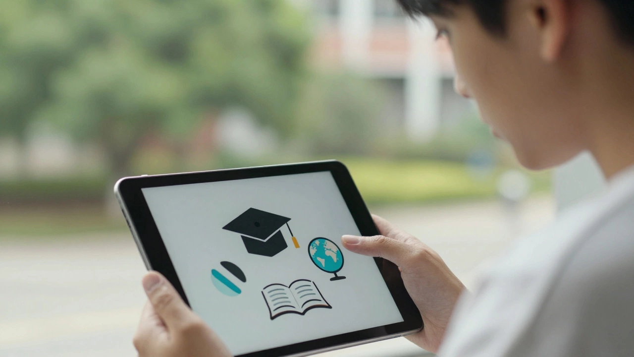 Student analyzing abstract metric icons on a tablet screen.