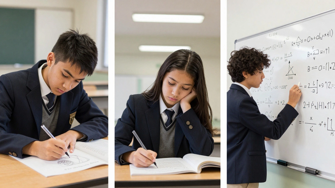 Three students engaged in different A level subjects: Biology drawing, essay writing, and physics problem-solving.