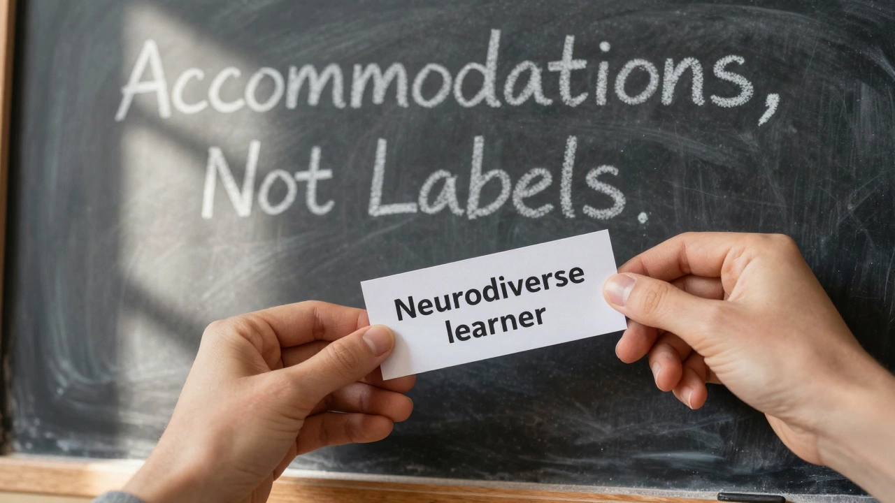 A hand replacing an outdated label 'Student with dyslexia' with a new one reading 'Neurodiverse learner' on a chalkboard wall.