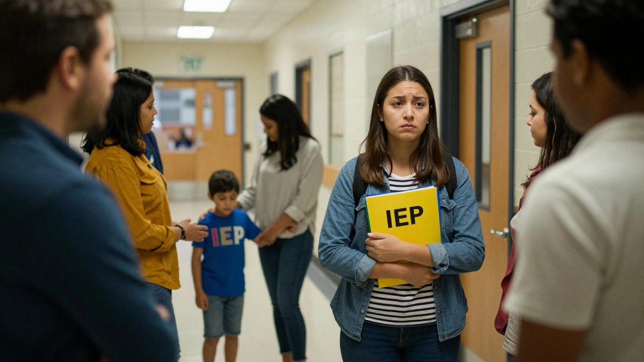 A parent stands alone in a school hallway while other parents chat, holding an IEP folder as a child is guided away.