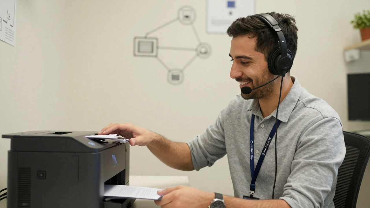 A technician calmly helping a user with tech support, certification badge visible.
