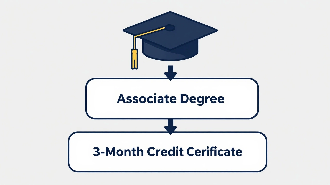 A visual timeline showing how a 3-month certificate stacks into higher degrees with credit transfer.