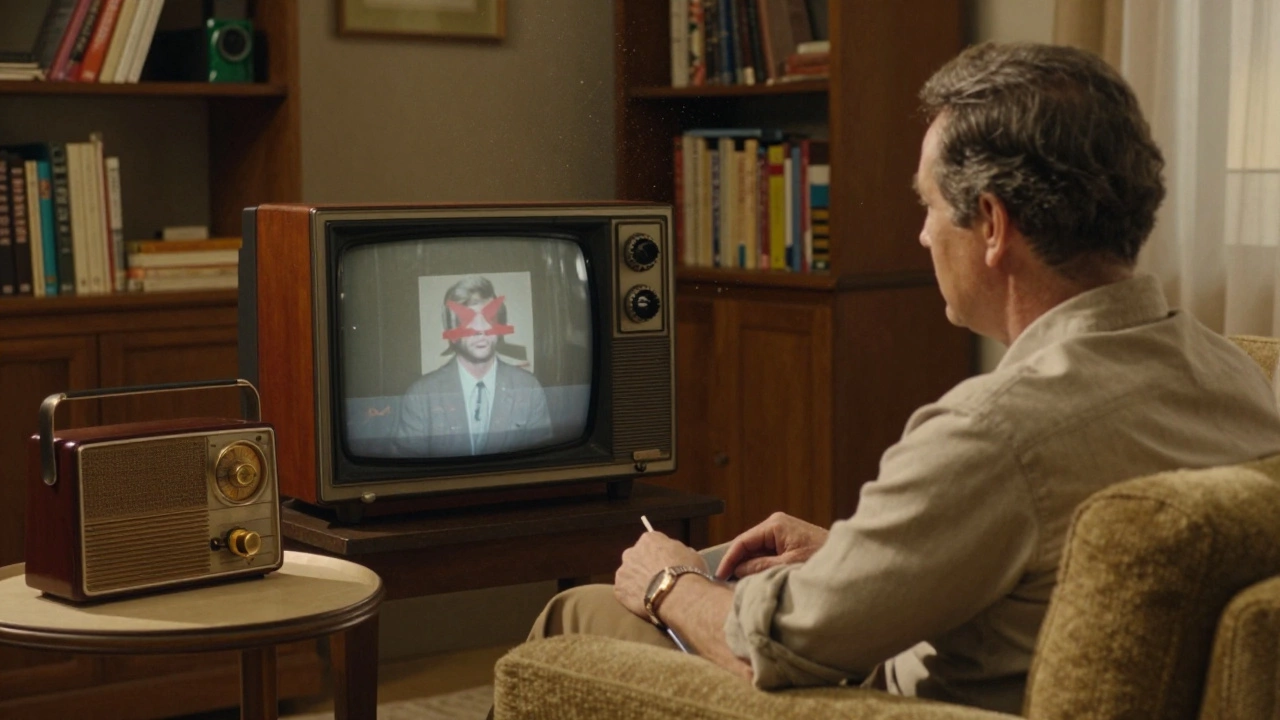Adult learner watching educational broadcast on a retro television set with a shortwave radio nearby.