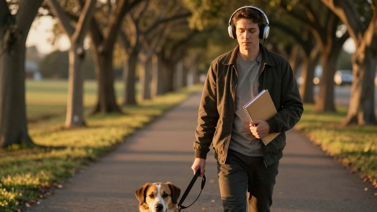 An adult walking their dog while listening to a learning tutorial, golden sunset light around them.