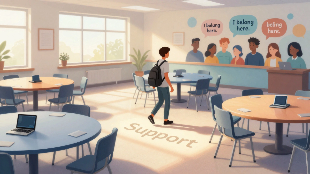 An empty classroom transformed into an inclusive space with a mural saying 'I belong here' and assistive tools integrated naturally.