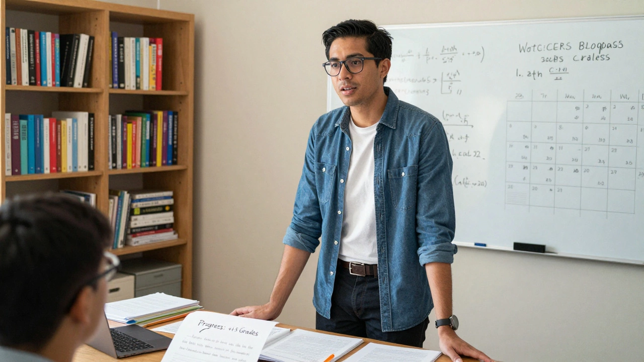 An experienced tutor in their home office, surrounded by teaching resources and student progress records.