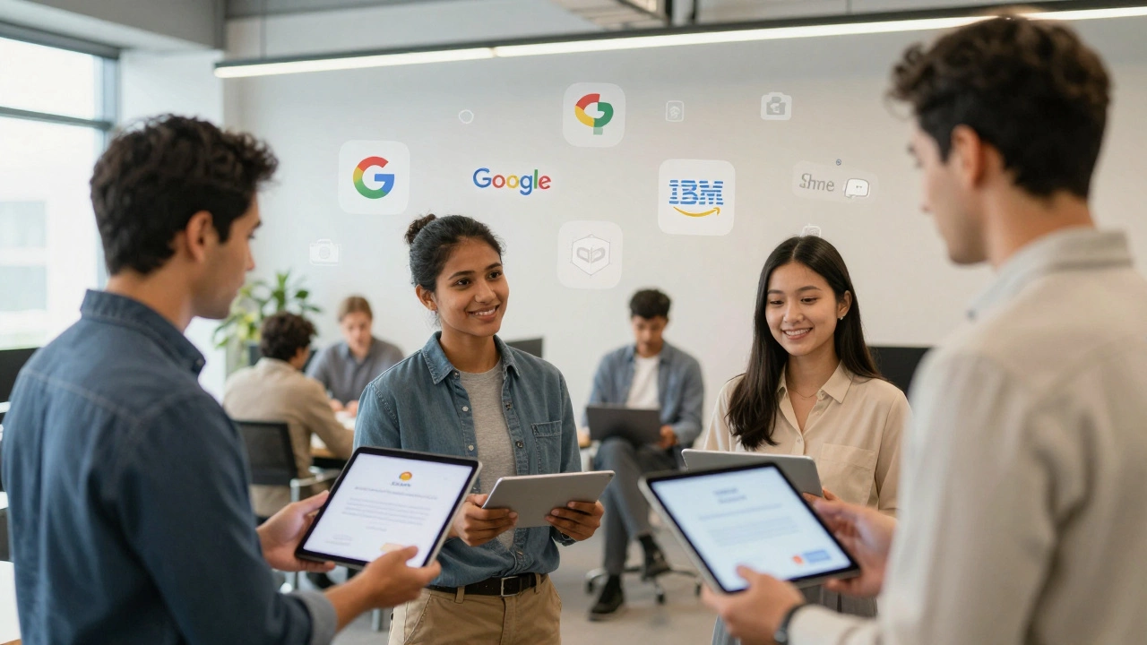 Diverse professionals receiving digital certificates on tablets in a co-working space.