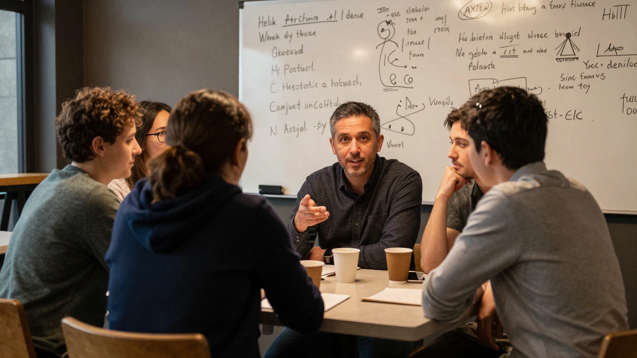 Four adults in a café sharing what they’ve learned, one explaining aloud with notes on a whiteboard.