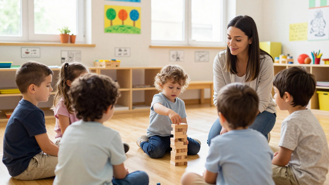 Preschoolers building a block tower with teacher support in a colorful classroom.