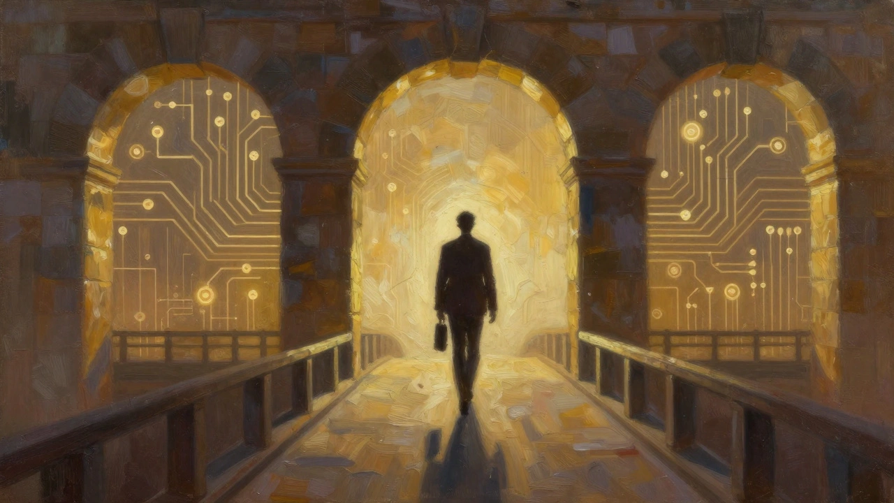 Professional walking on a bridge of light towards a bright horizon.