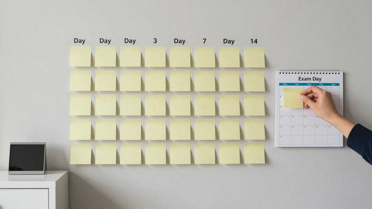 Spaced repetition system using sticky notes on a wall, showing review intervals leading up to an exam day.