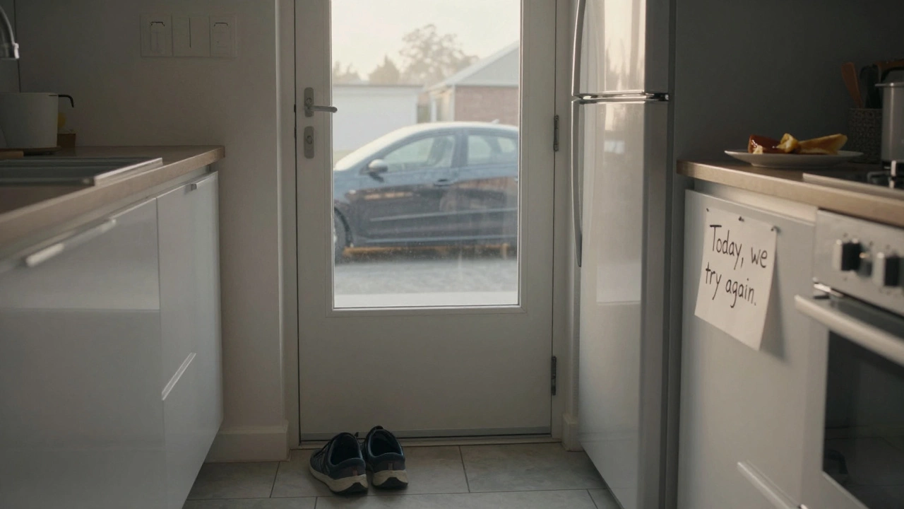 Specialized shoes sit by the door in an empty kitchen, with a handwritten note on the fridge reading 'Today, we try again.'