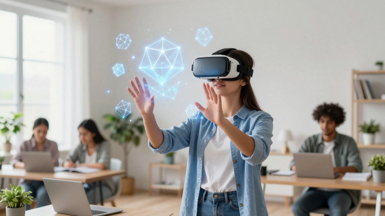 Student using virtual reality headset to manipulate 3D holographic models in a modern bright office.