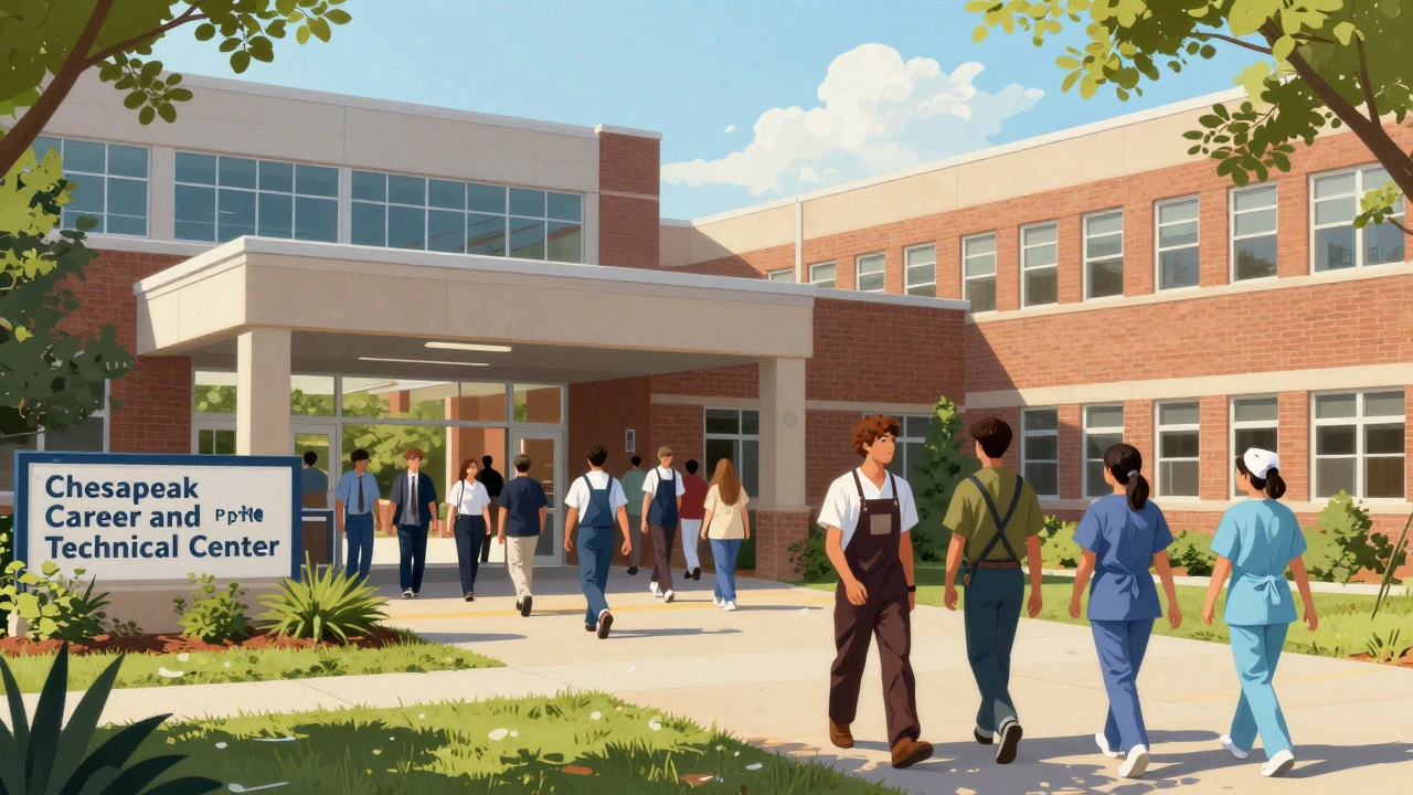 Students entering Chesapeake High School and the adjacent Career and Technical Center with diverse programs visible.