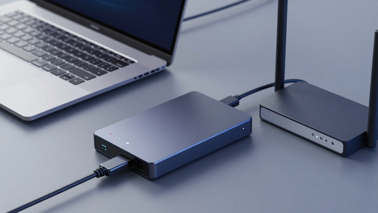 Technical setup showing laptop, hard drive, and router equipment.