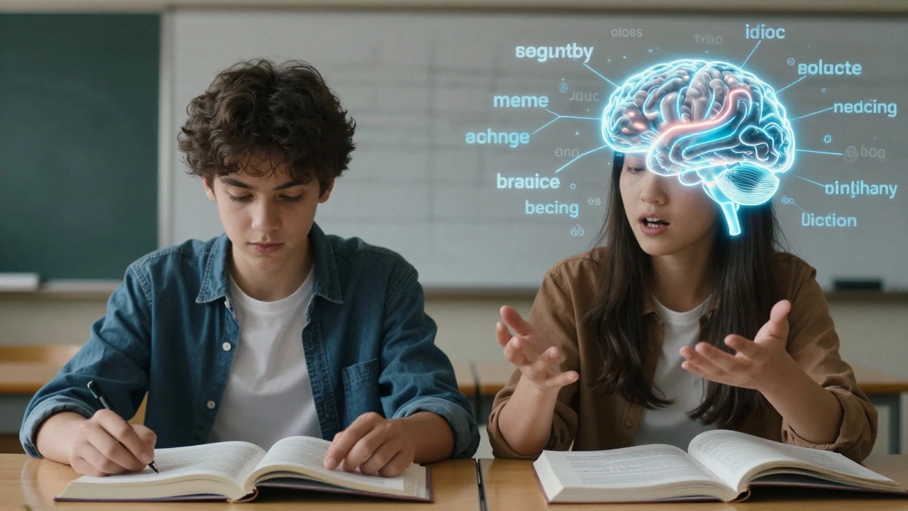 Two students learning differently—one passively reading, the other actively recalling concepts with visualized neural connections.