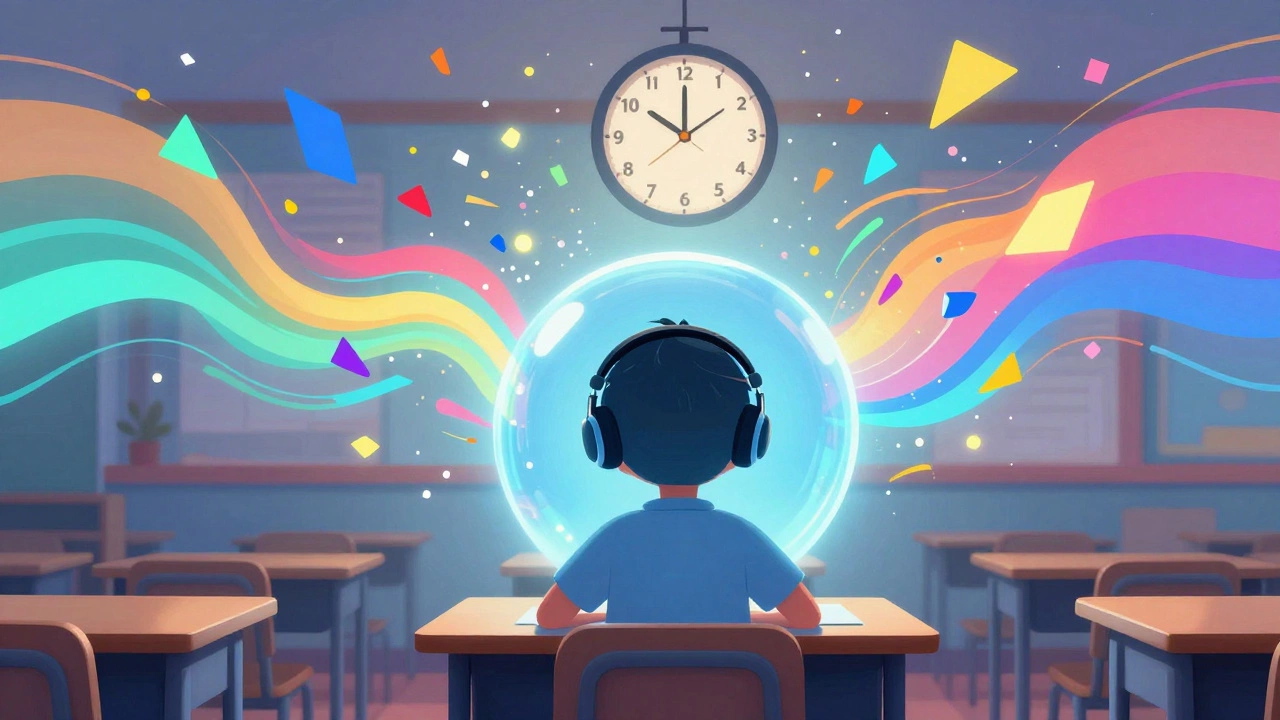A child with noise-canceling headphones amidst colorful sensory waves