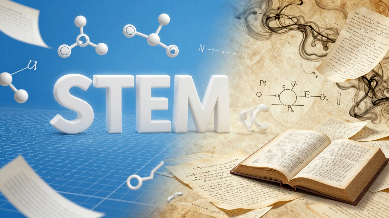 A conceptual split image comparing scientific equations with humanities essays.