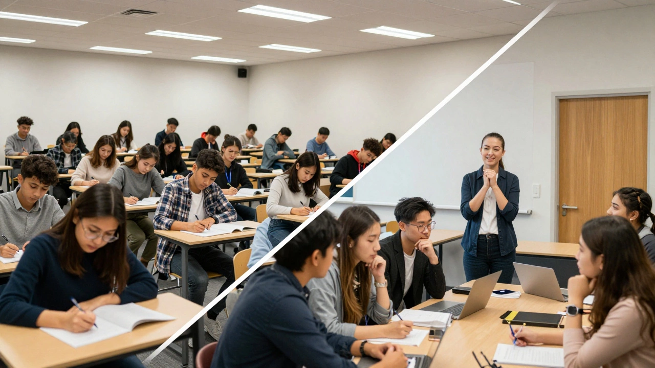 A contrast between a high-pressure UK exam hall and an interactive US college classroom discussion.