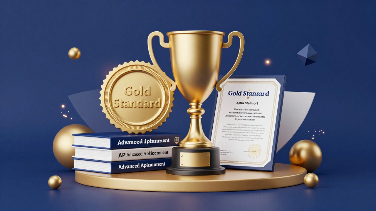 A gold seal and AP textbooks representing high academic achievement and rigorous study.