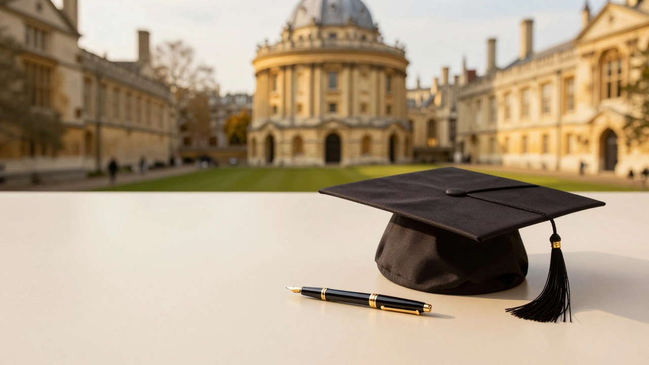 A graduation cap and pen on a desk with a prestigious university campus blurred in the background.