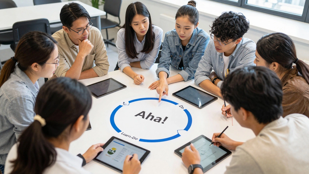 A group of adults collaborating on a practical project with tablets and prototypes.