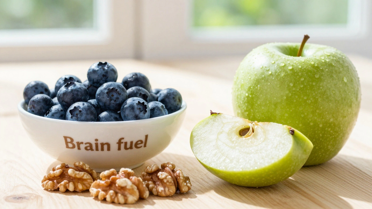 A healthy arrangement of blueberries, walnuts, and apple slices on a sunlit wooden table.