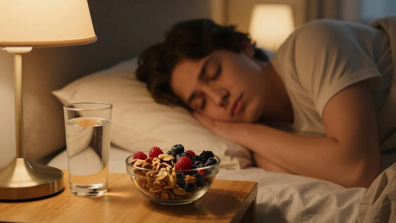 A peaceful bedroom scene with healthy snacks, representing sleep and recovery.