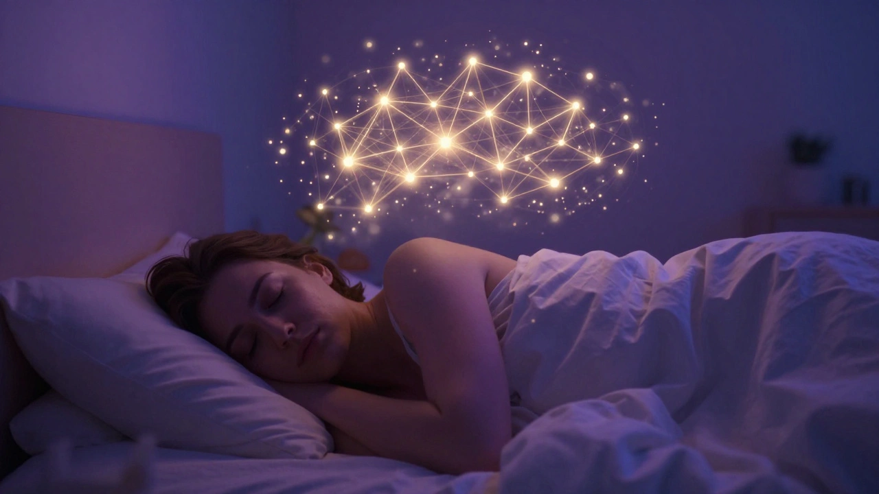 A person sleeping with glowing golden neural networks above them representing memory consolidation.