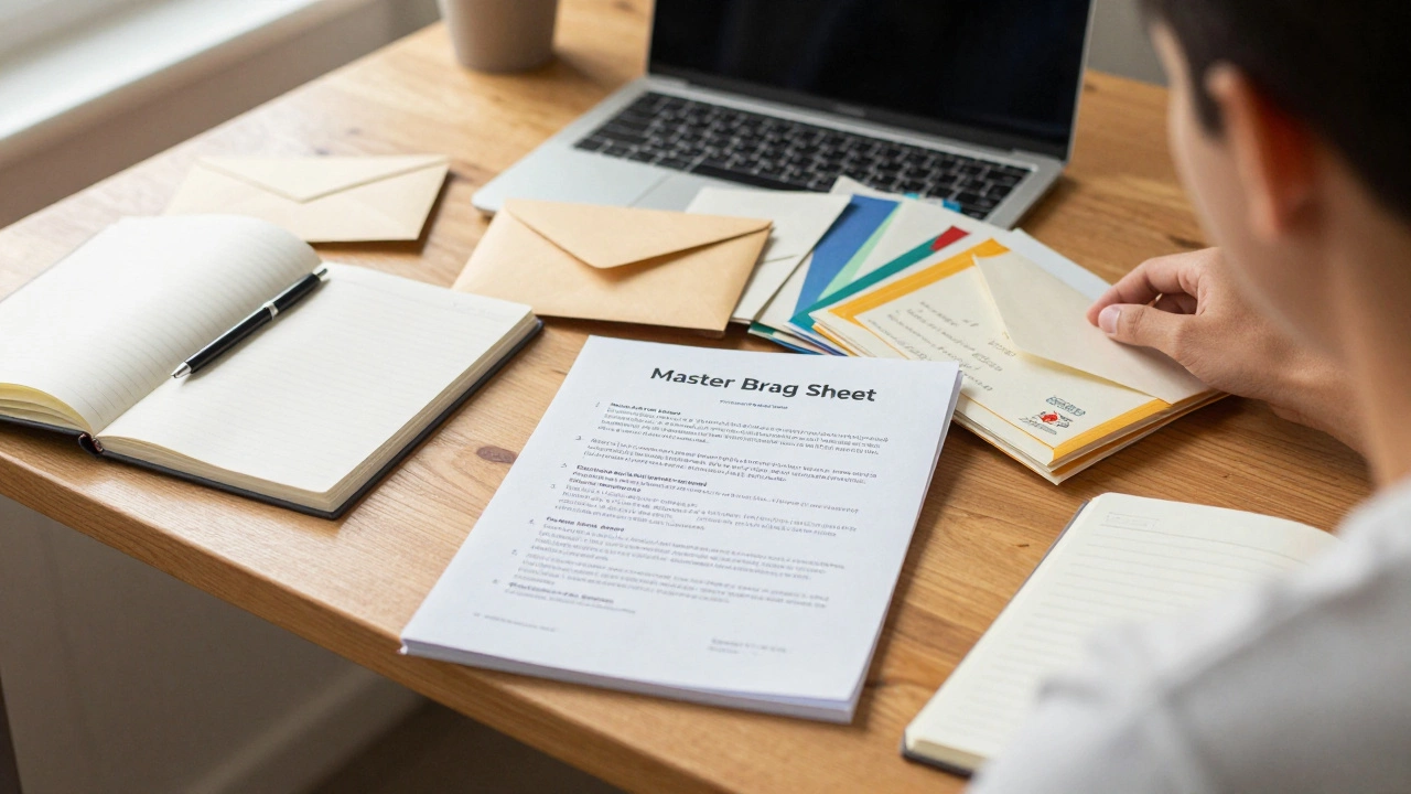 A student's desk with a brag sheet and a stack of multiple scholarship award certificates.