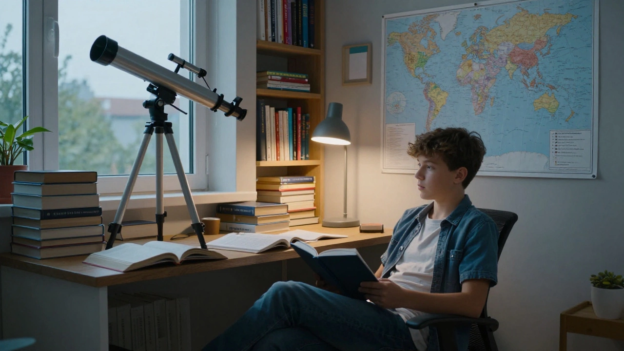 A teenager independently studying in a home library with books and a telescope.