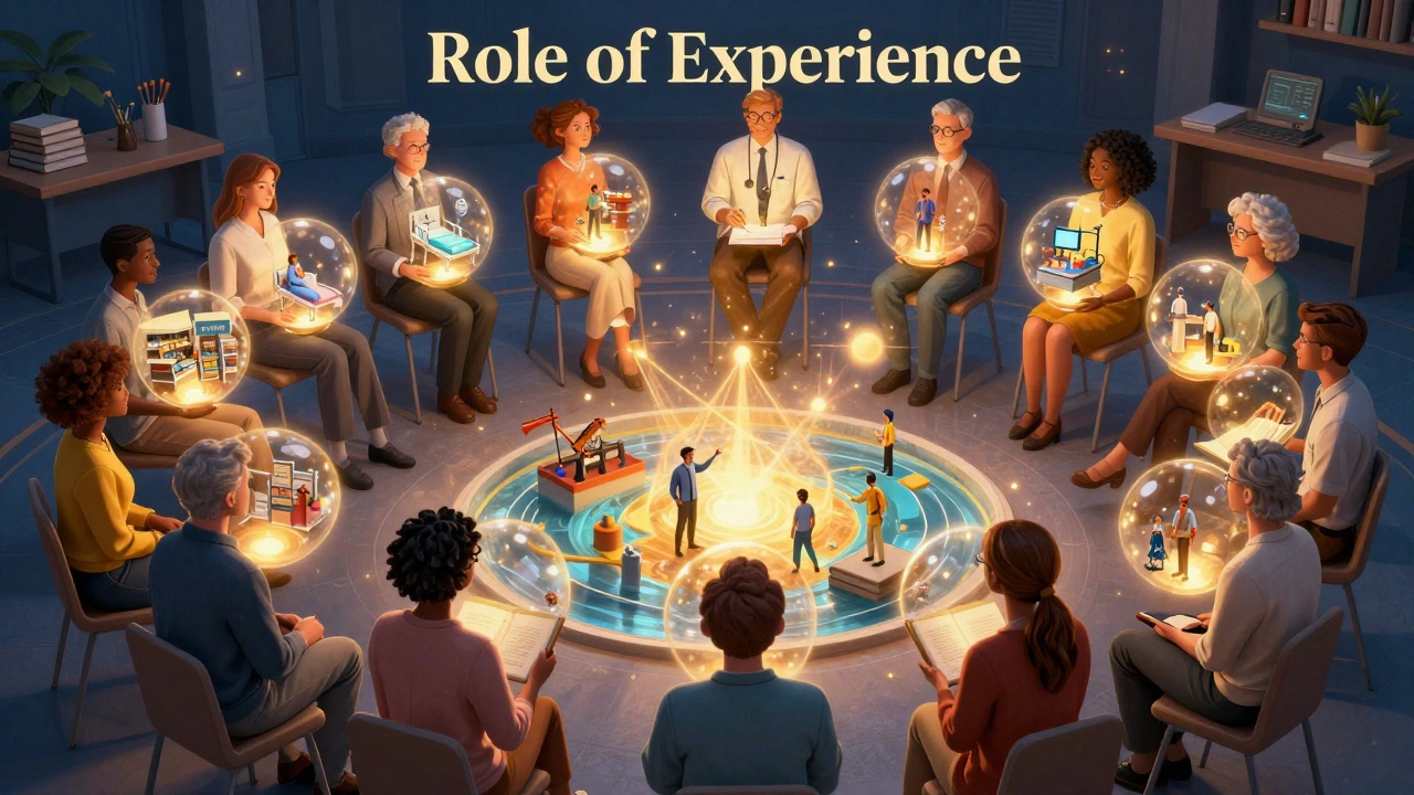 Adult learners sharing glowing spheres of professional experience in a workshop.