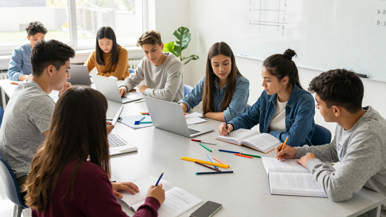 American high school students collaborating in a modern classroom with a GPA chart in the background.