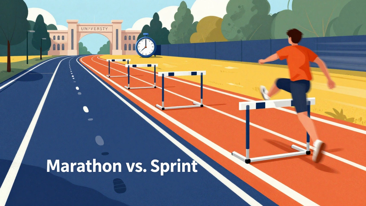 Conceptual art of a long road representing A-Levels and a hurdle track representing AP courses.