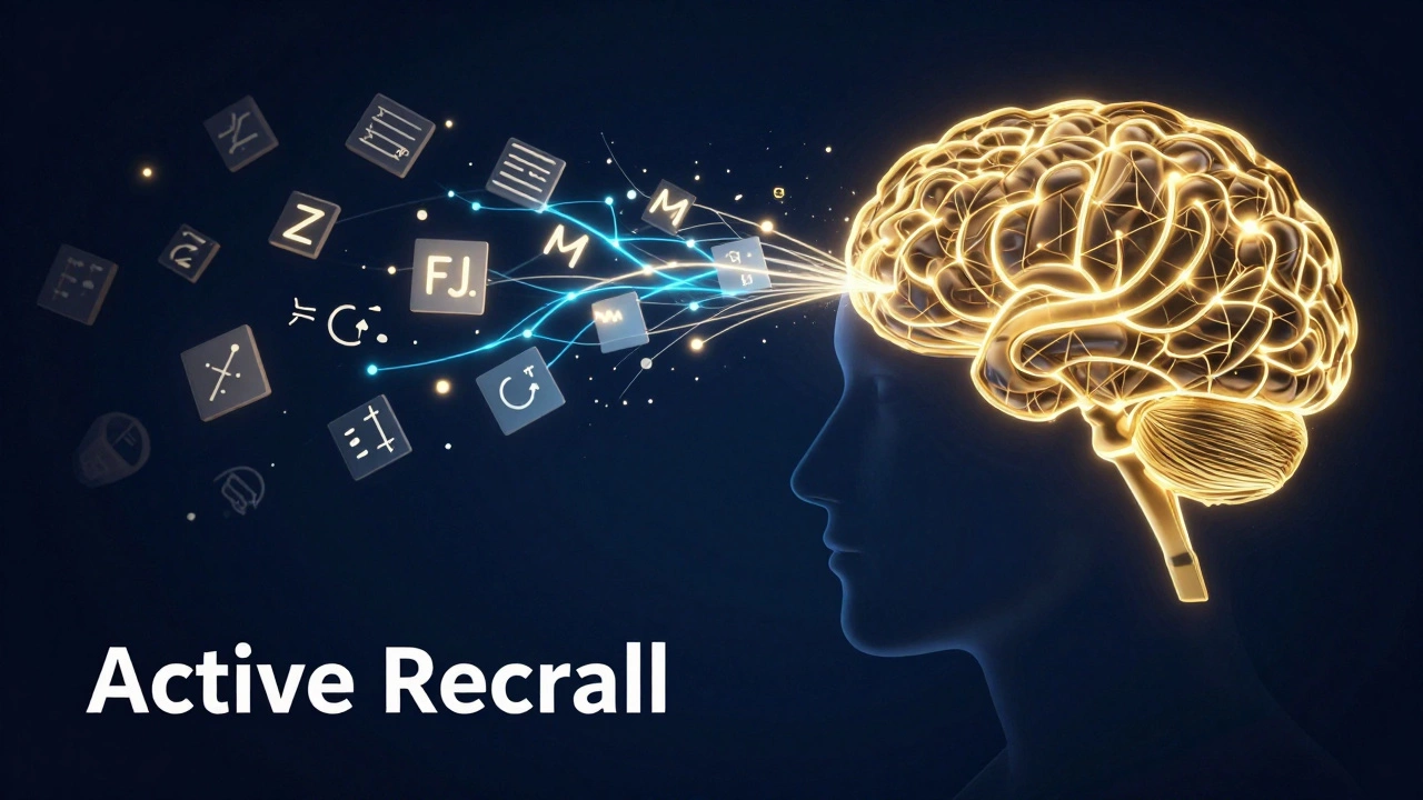 Conceptual illustration of a brain lighting up during active recall memory retrieval.