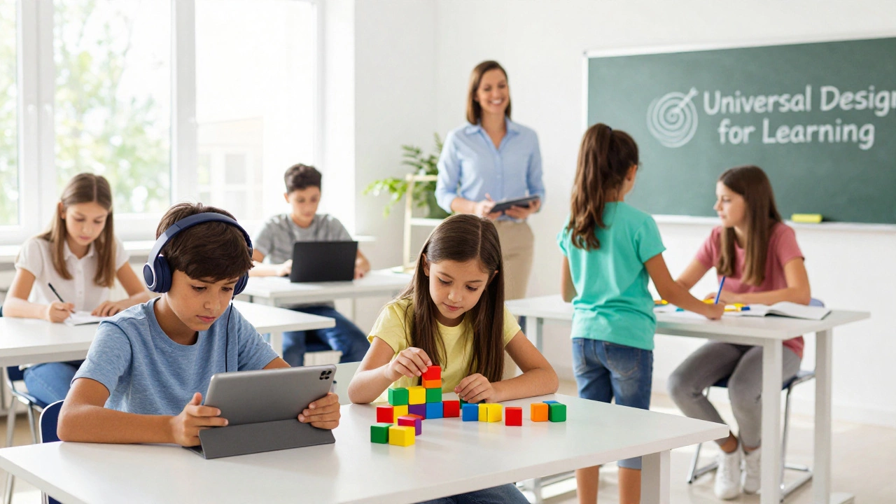 Diverse students using different learning tools in a bright, inclusive classroom