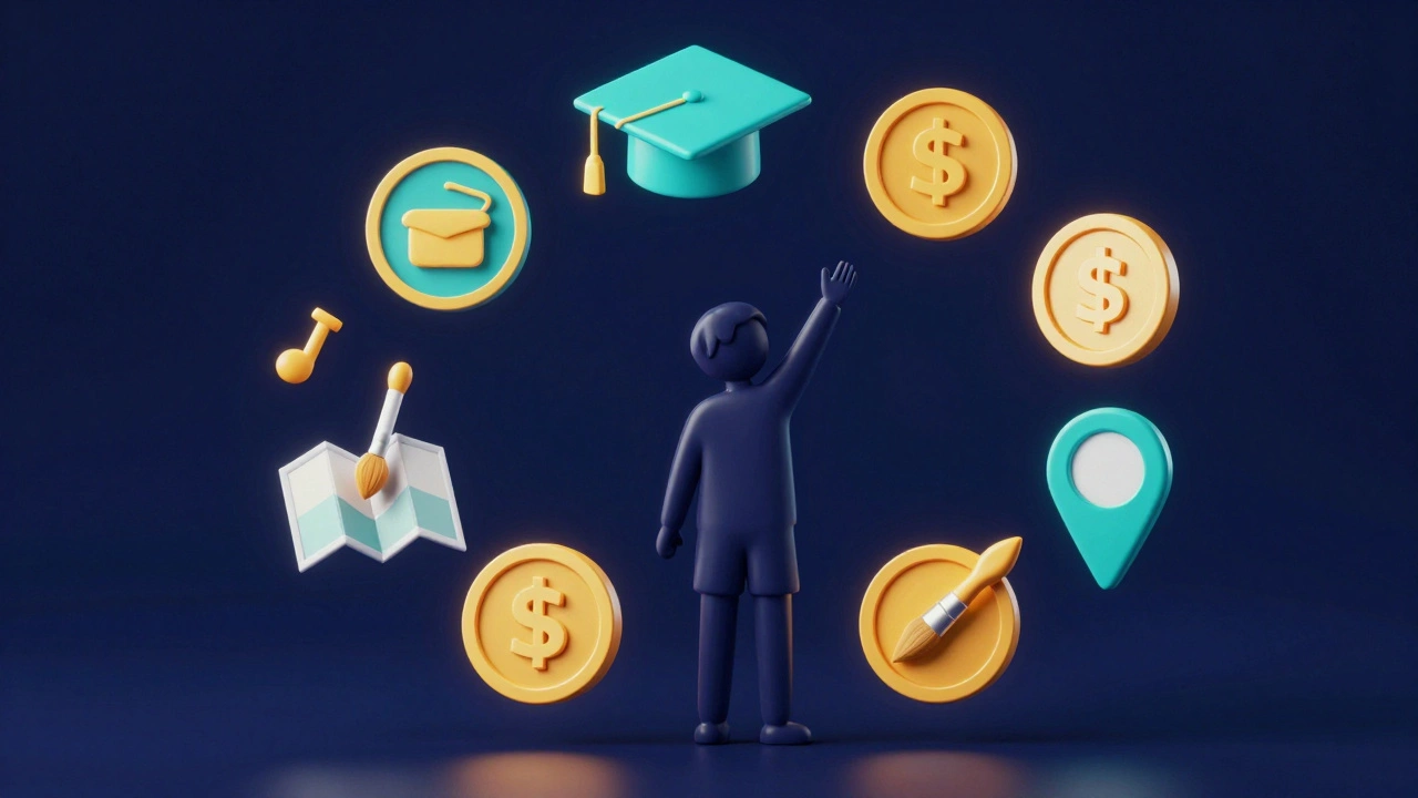 Floating glowing icons representing different types of educational funding and grants.