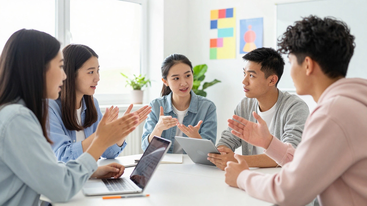 Group of diverse students talking and discussing subject choices in a bright school room.
