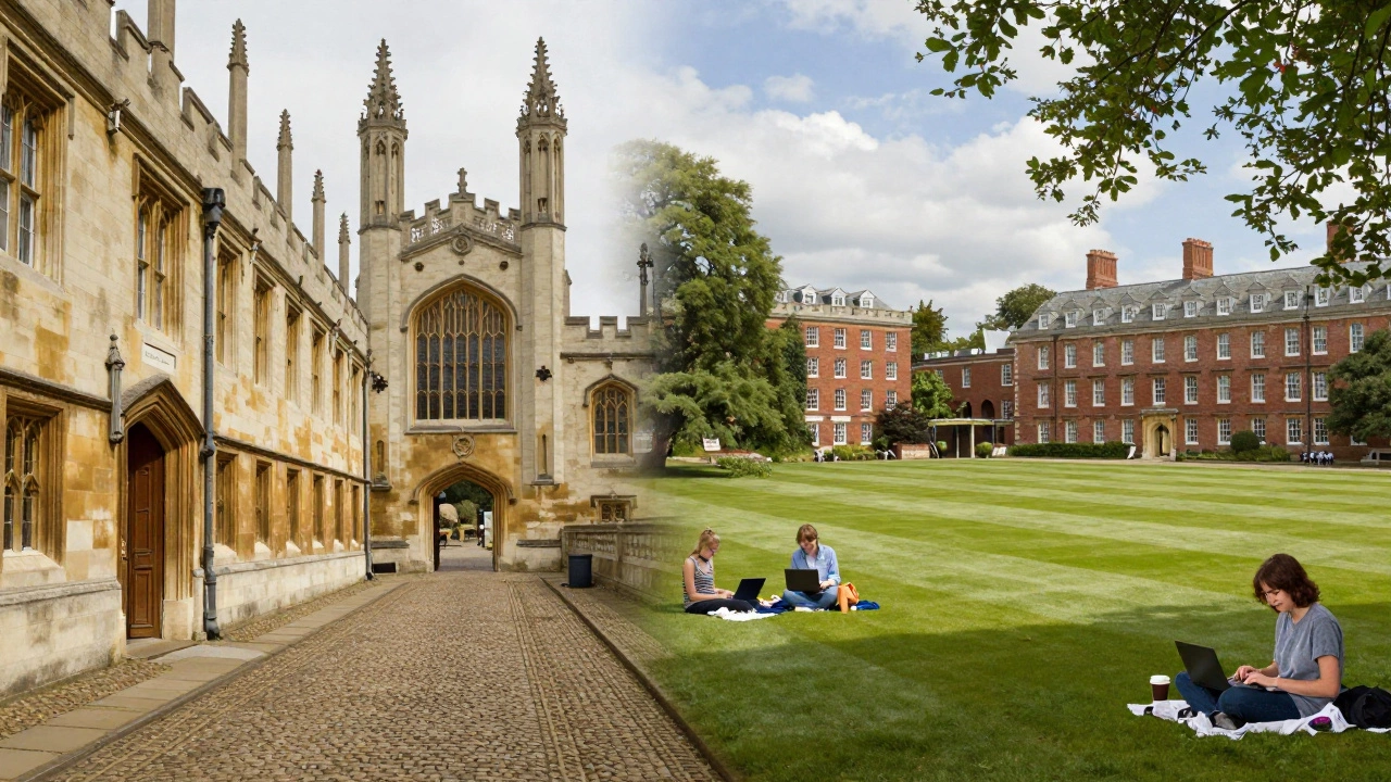 The gothic architecture of an Oxbridge university contrasted with a sprawling Ivy League campus.