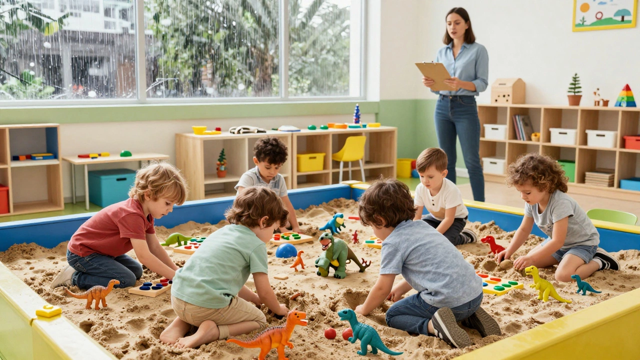 Children playing with dinosaurs in a sandpit during adaptive learning