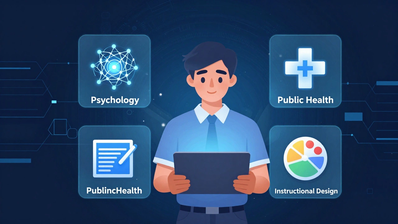 Digital art showing holographic icons of various online university majors.