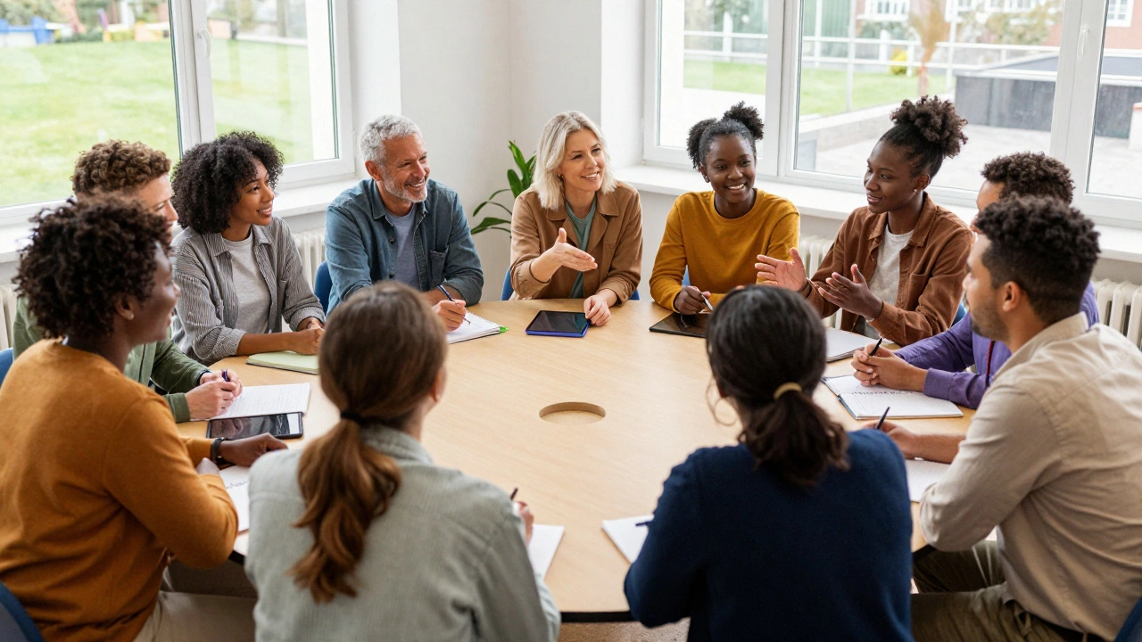 Diverse adults collaborating and learning together in a bright community space