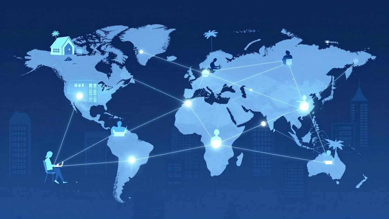 Diverse remote workers connected by digital lines across different locations.