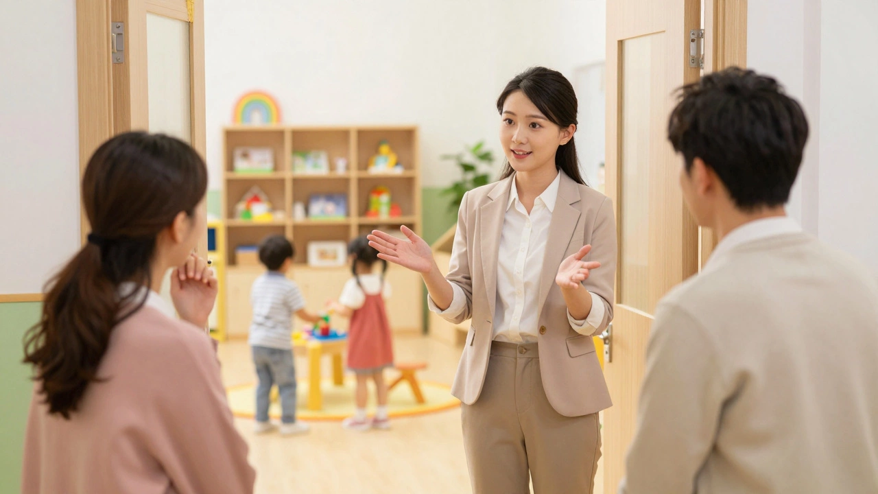 Educator communicating warmly with parents at a nursery entrance